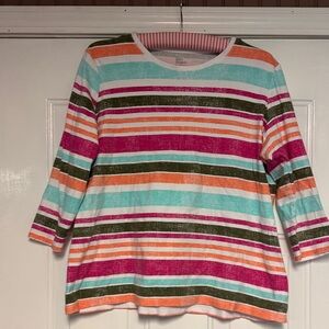 Kim Rogers Coral, Aqua & White Striped Cotton Tee